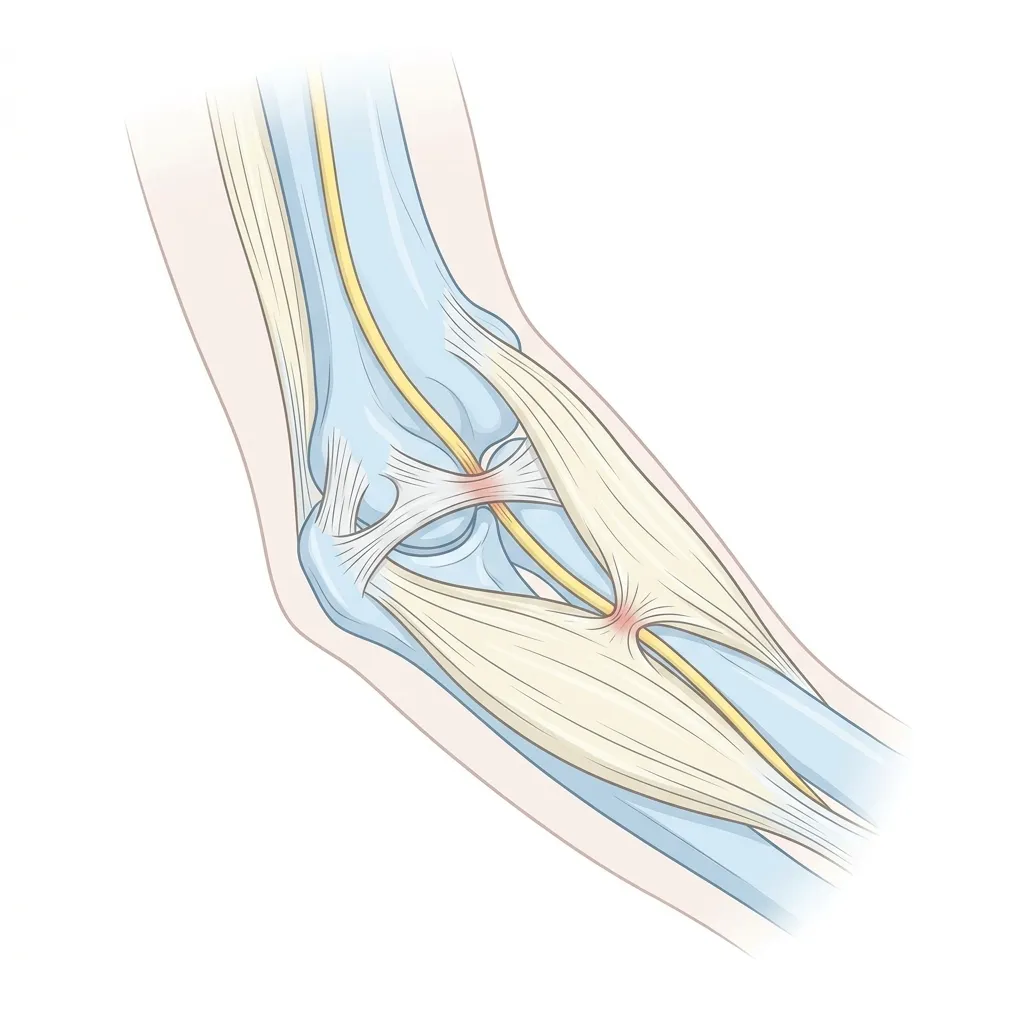 주관터널증후군 척골신경 포착 해부학 일러스트 — 오스본인대(Osborne ligament) 아래 척골신경이 포착되는 구조