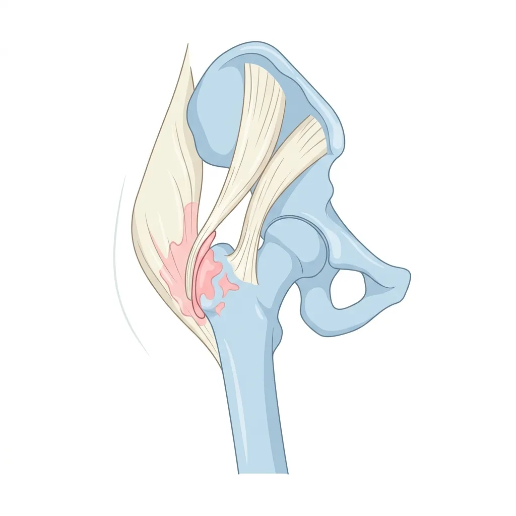 대전자 통증 증후군 고관절 외측 해부학 일러스트 — 중둔근·소둔근 건부착부와 대전자 활액낭 주변의 섬유화된 연부조직 구조