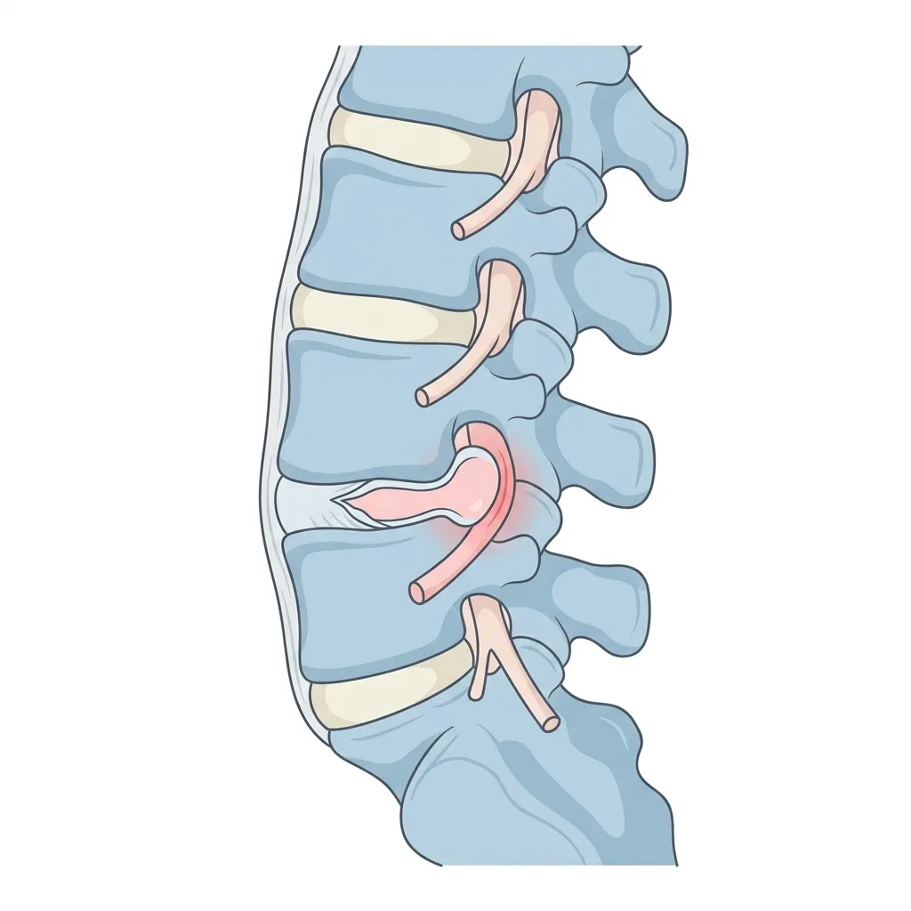 허리디스크(추간판 탈출증) 추간판 탈출 해부학 일러스트 — 수핵이 후외측으로 돌출되어 신경근을 압박하는 구조