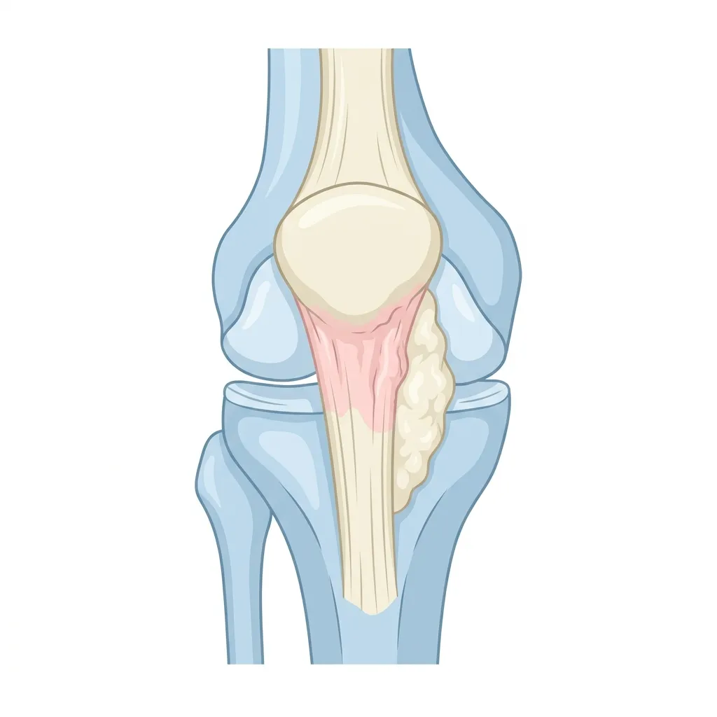 슬개건염(점퍼스니) 슬개골 하극 해부학 일러스트 — 슬개골 하극 부착부의 변성 건 조직과 슬개하지방체(Hoffa fat pad)의 섬유화 구조