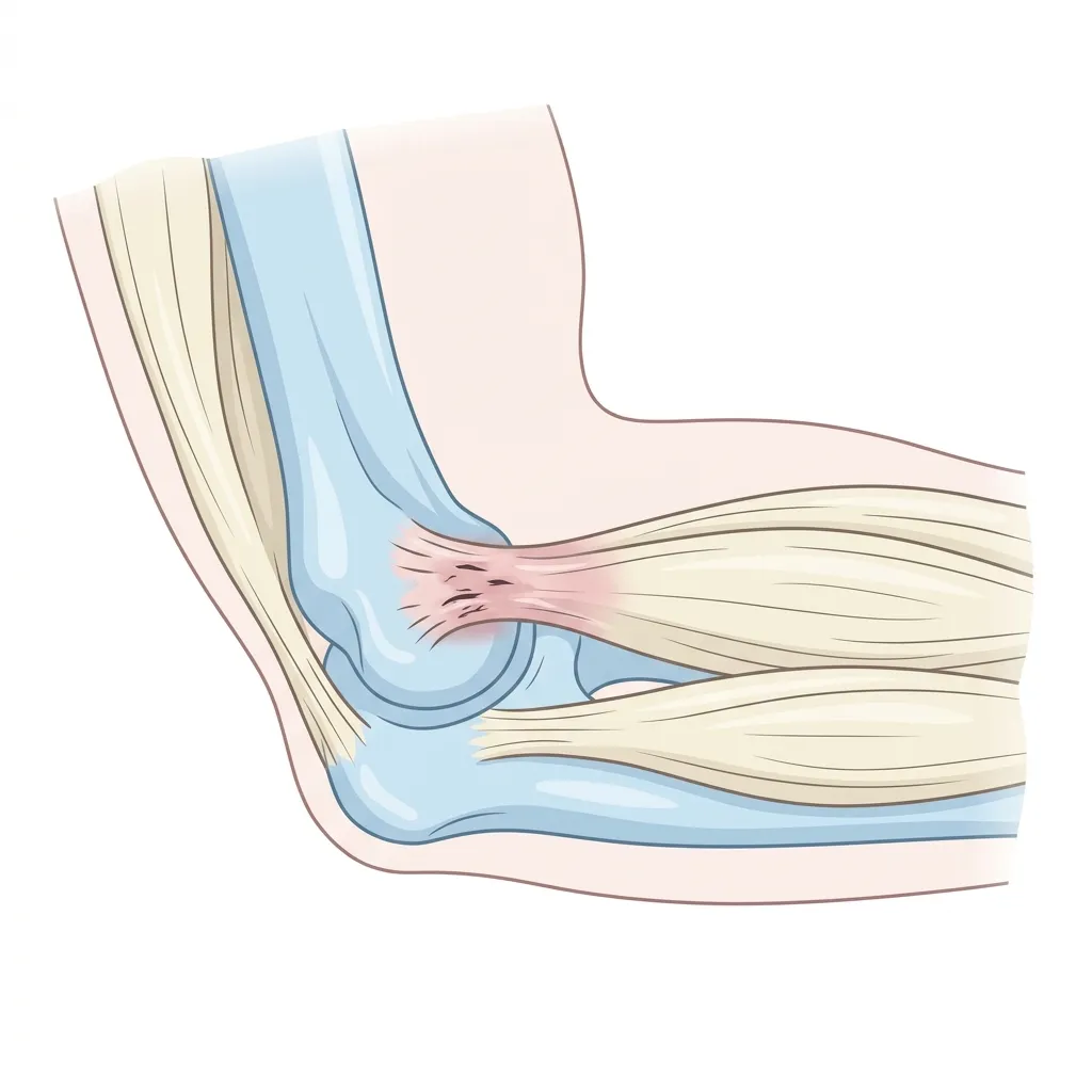 테니스엘보(외측상과염) 외측상과 건부착부 해부학 일러스트 — 단요측수근신근건(ECRB)의 변성된 건 조직과 주변 근막 유착 구조