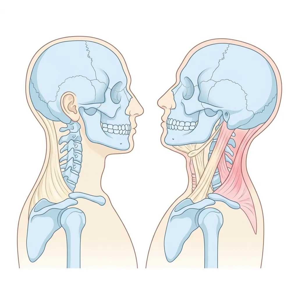 거북목(경추 전만 소실) 경추 자세 변형 해부학 일러스트 — 머리가 전방으로 이동하여 후두하근과 경추 심부 근육에 불균형이 생기는 구조